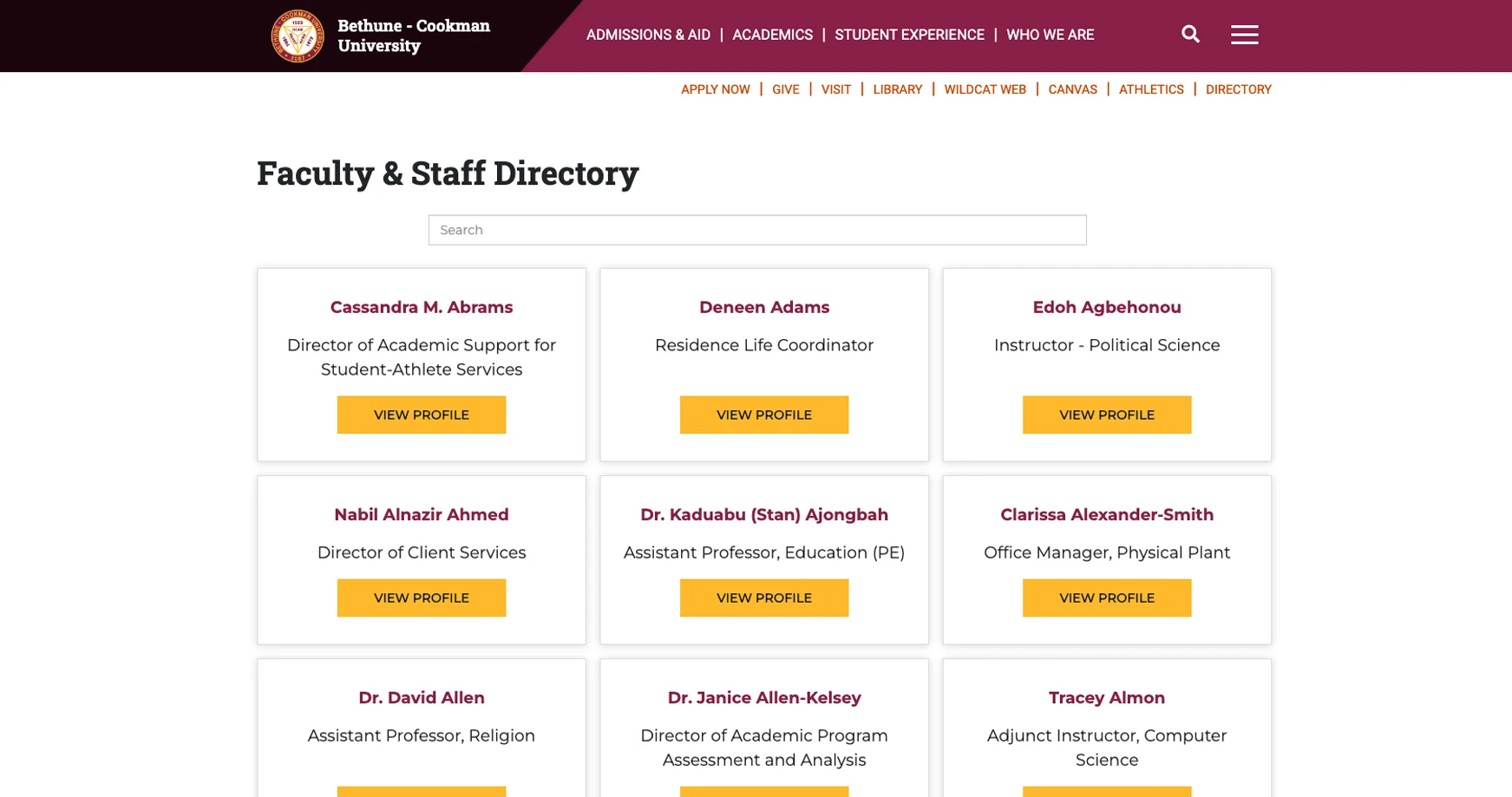 screenshot of bethune-cookman directory page