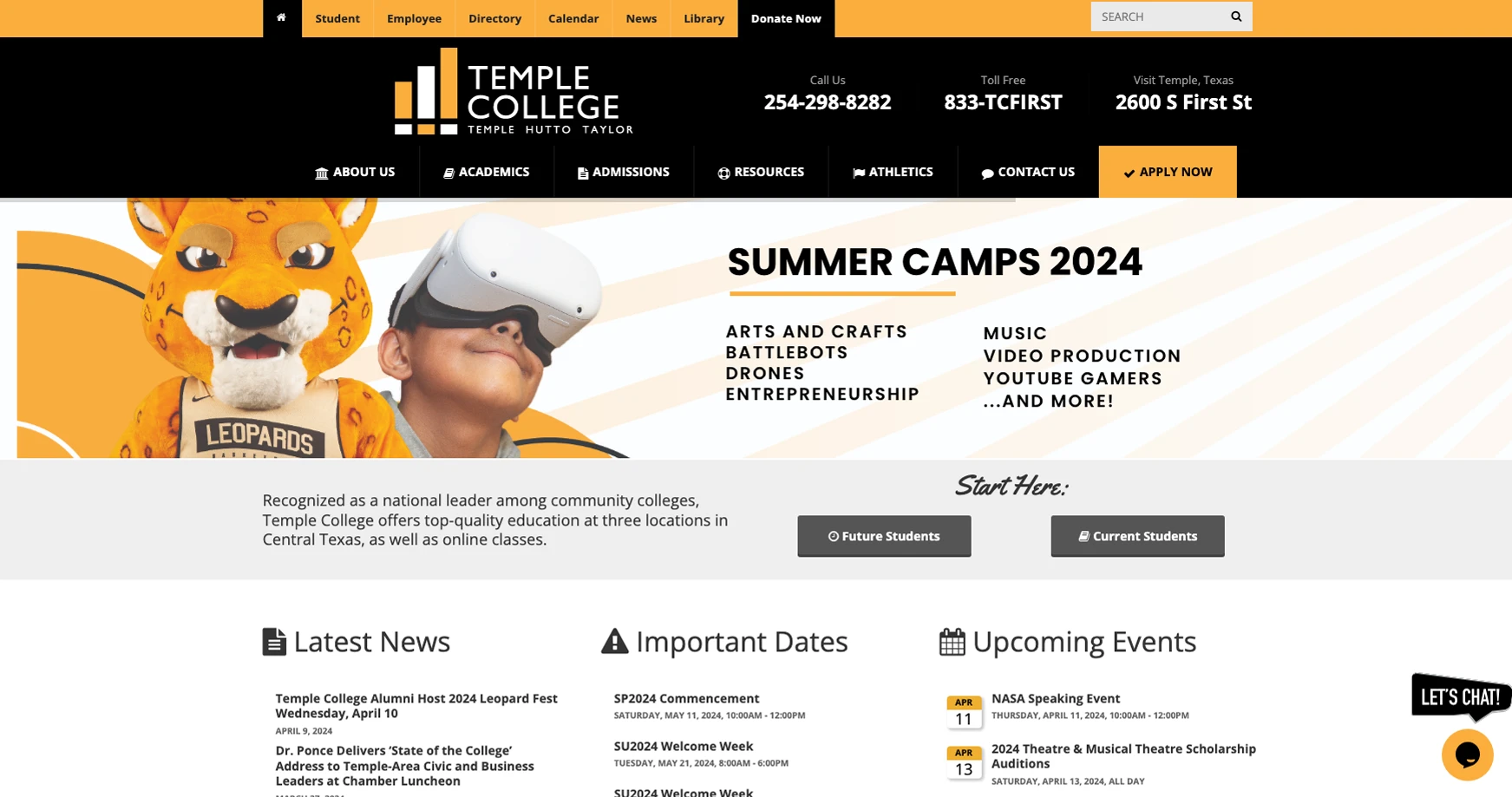 temple college homepage screenshot