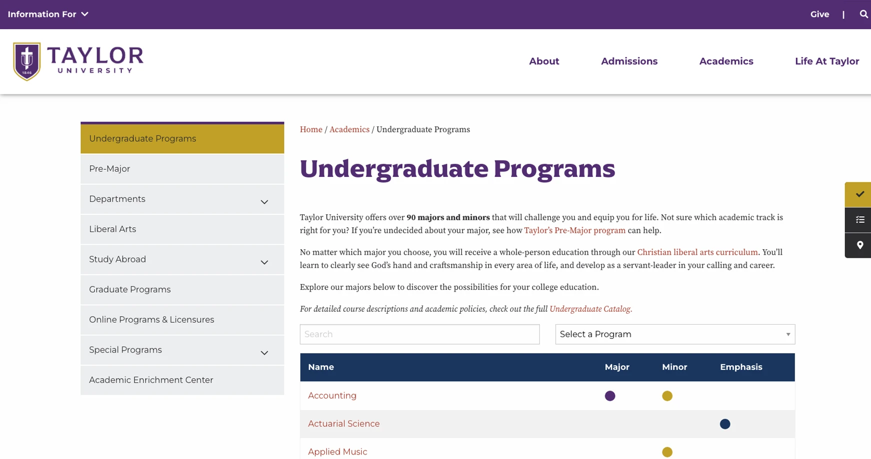 taylor university program finder screenshot