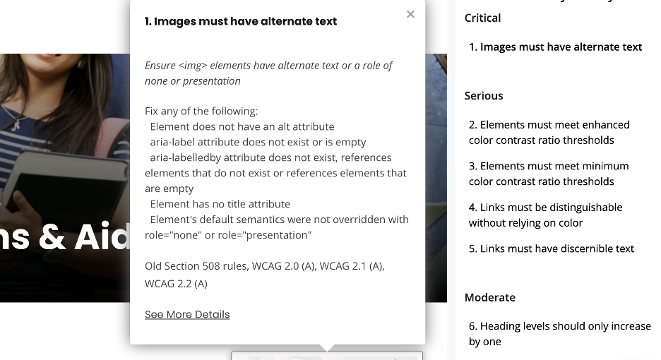 A warning message highlighting the importance of using alternate text for images in web accessibility, along with guidelines for compliance with WCAG standards.