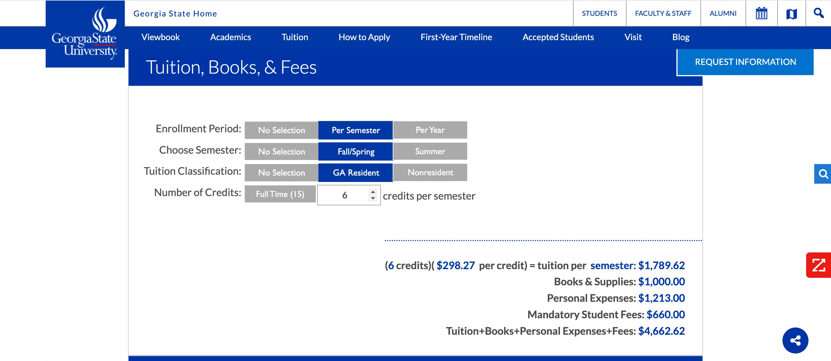 Tuition and fees breakdown for Georgia State University, including costs per semester and details on credits, books, and personal expenses.