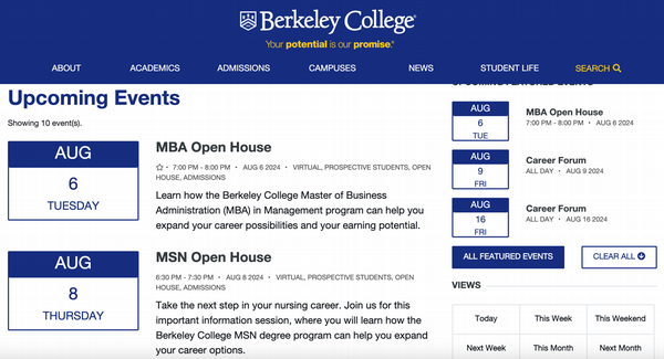 Upcoming events page on the Berkeley College website, listing events such as the MBA Open House on August 6, MSN Open House on August 8, and Career Forums on August 9 and August 16, 2024.