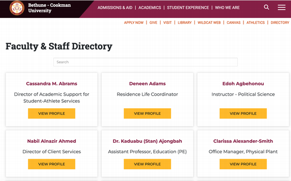 Faculty and Staff Directory page on the Bethune-Cookman University website, featuring profiles for Cassandra M. Abrams, Director of Academic Support for Student-Athlete Services; Deneen Adams, Residence Life Coordinator; Edoh Agbehonou, Instructor of Political Science; Nabil Alnazir Ahmed, Director of Client Services; Dr. Kaduabu (Stan) Ajongbah, Assistant Professor of Education; and Clarissa Alexander-Smith, Office Manager, Physical Plant.