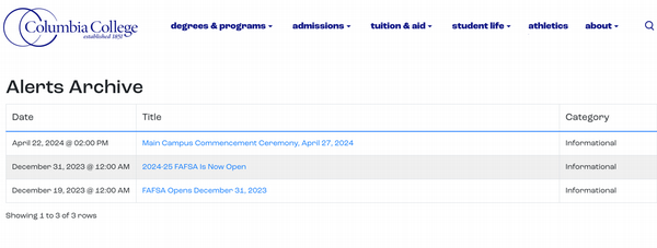 Alerts Archive page on the Columbia College website, showing alerts including the Main Campus Commencement Ceremony on April 22, 2024, the opening of the 2024-25 FAFSA on December 31, 2023, and the opening of the FAFSA on December 19, 2023. All alerts are categorized as informational