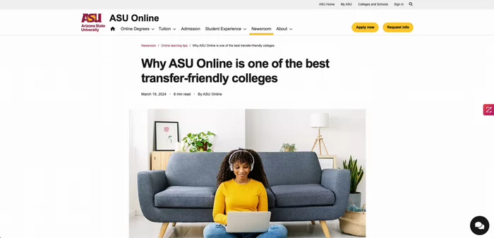 A woman seated on a couch using a laptop, representing online education at ASU.