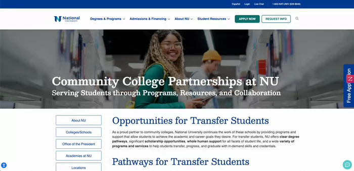 Website banner promoting National University's Community College Partnerships, highlighting opportunities and resources for transfer students.