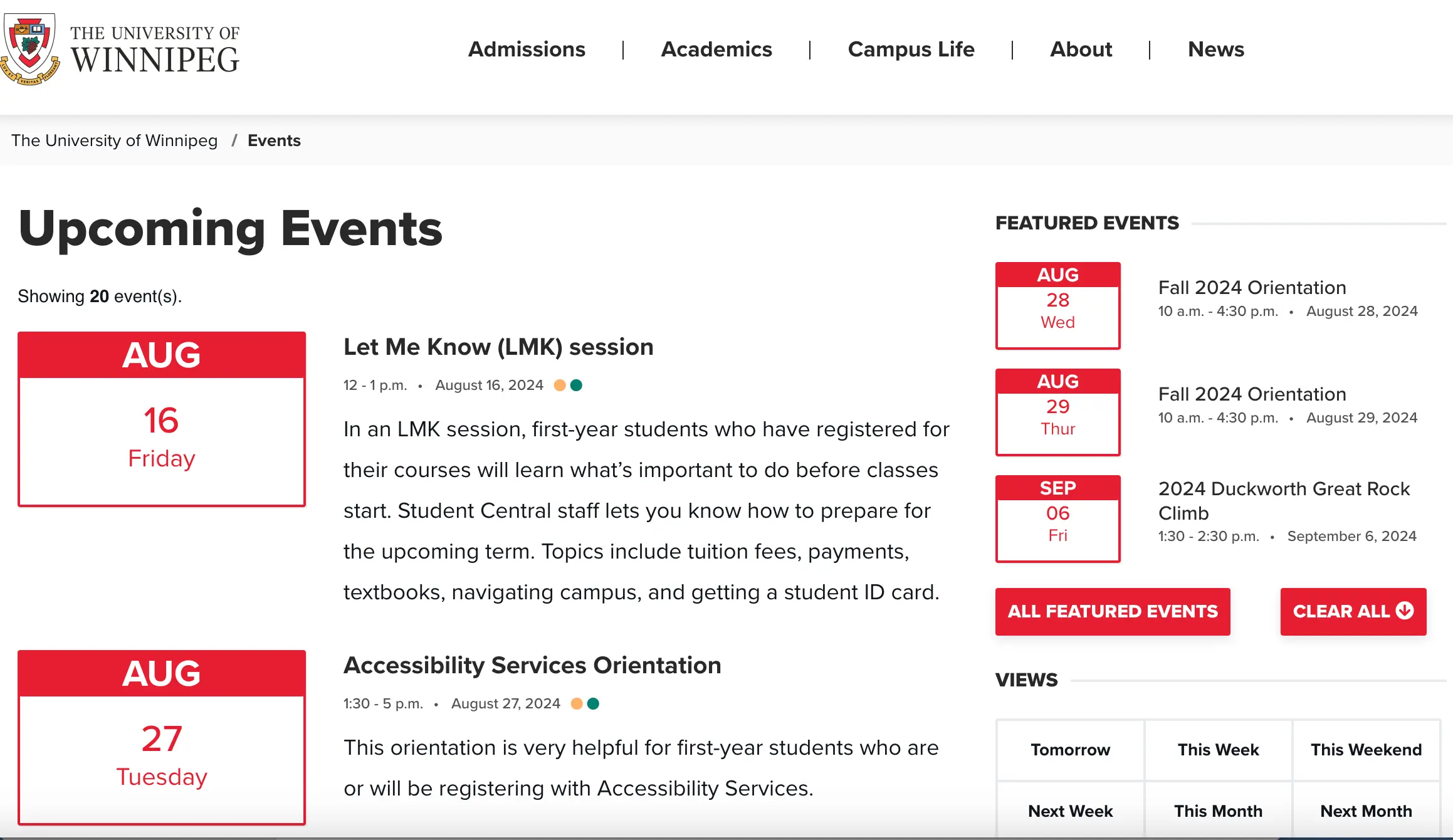 Upcoming Events page on the University of Winnipeg website. The main events include Terry Fox Day: University Closed on August 6, 2024, and a Let Me Know (LMK) session on August 7, 2024. Featured events on the right include Fall 2024 Orientation on August 28 and 29, 2024, and the 2024 Duckworth Great Rock Climb on September 6, 2024