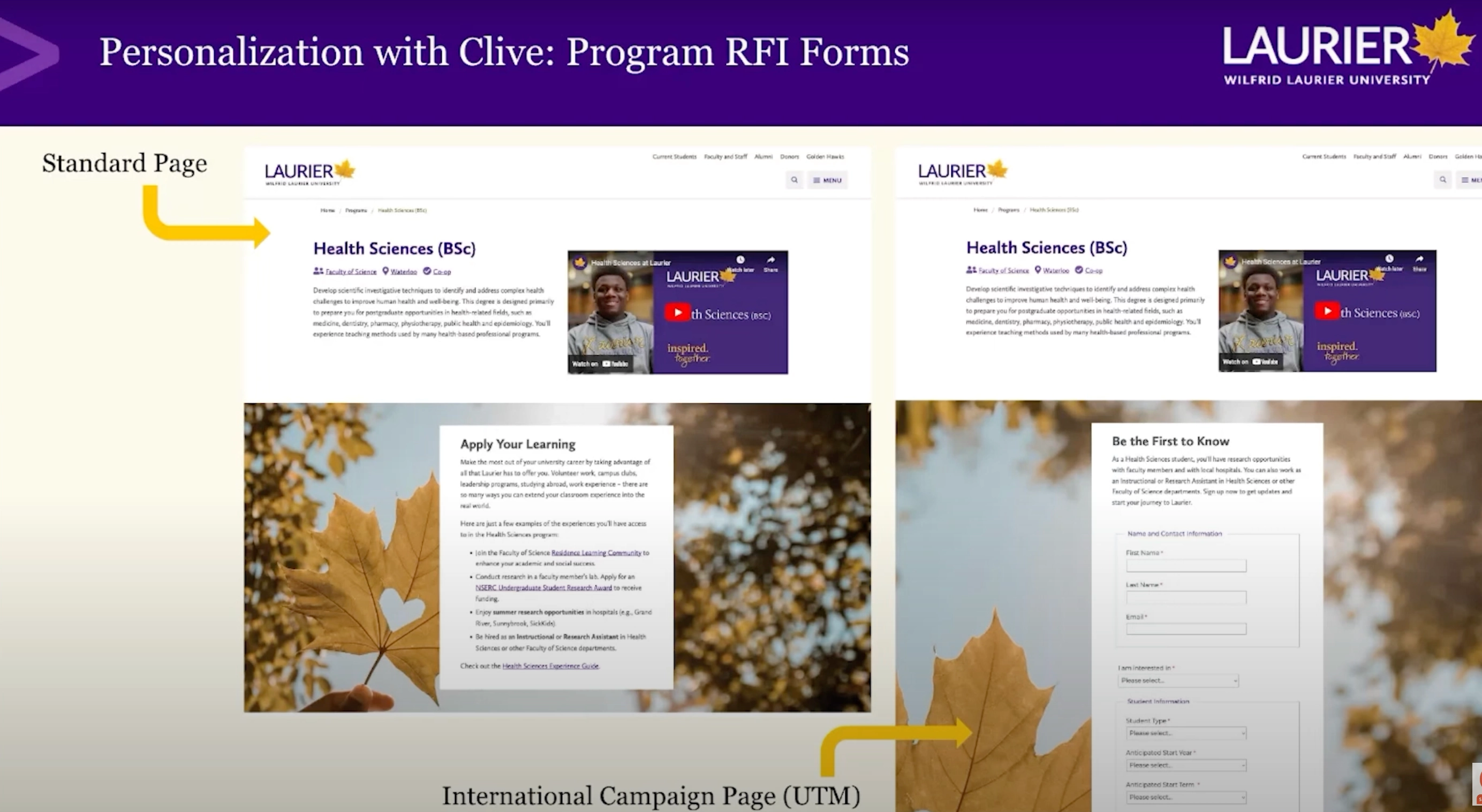 A slide compares standard and international campaign pages for Wilfrid Laurier University's Health Sciences program.