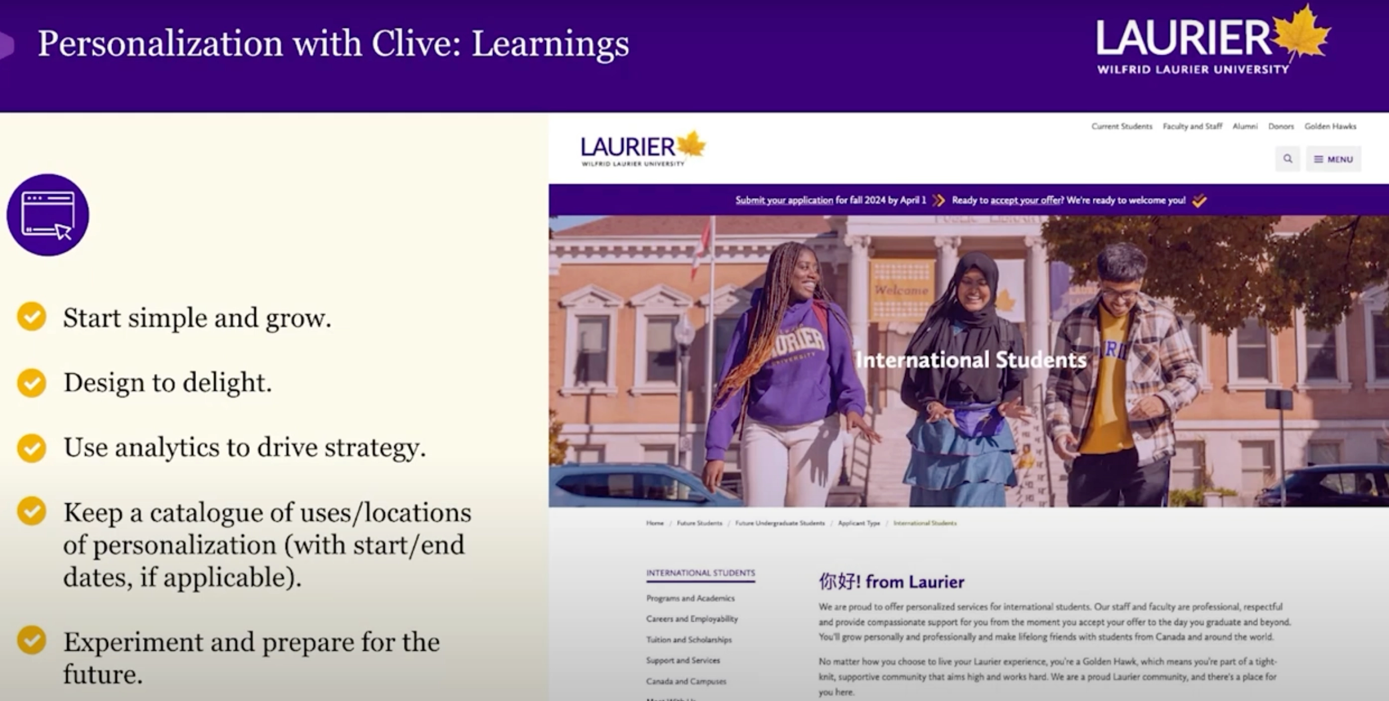 A slide with key takeaways on using personalization at Wilfrid Laurier University, featuring happy students on campus.