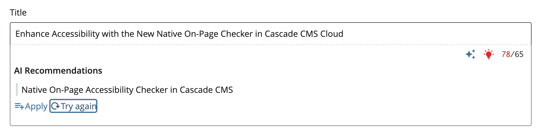 Screenshot of the AI recommendations section in Cascade CMS Cloud, highlighting the Native On-Page Accessibility Checker.